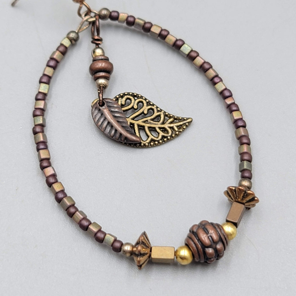 Boho Beaded Hoops Pierced Earrings Copper toen Leaf Dangle 2"