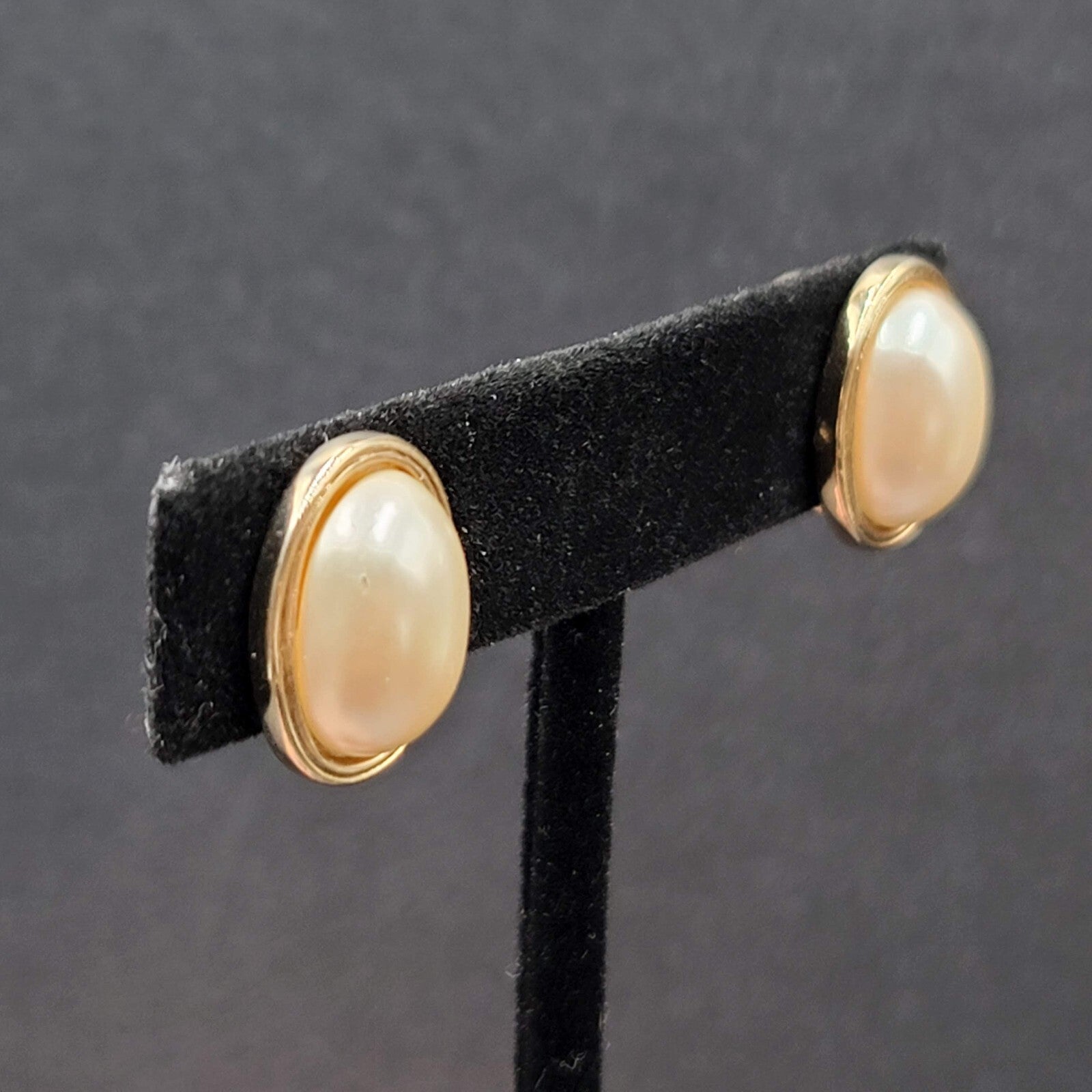 Vintage Avon Clip on Earrings Gold tone Oval White Cabochon Studs 5/8"