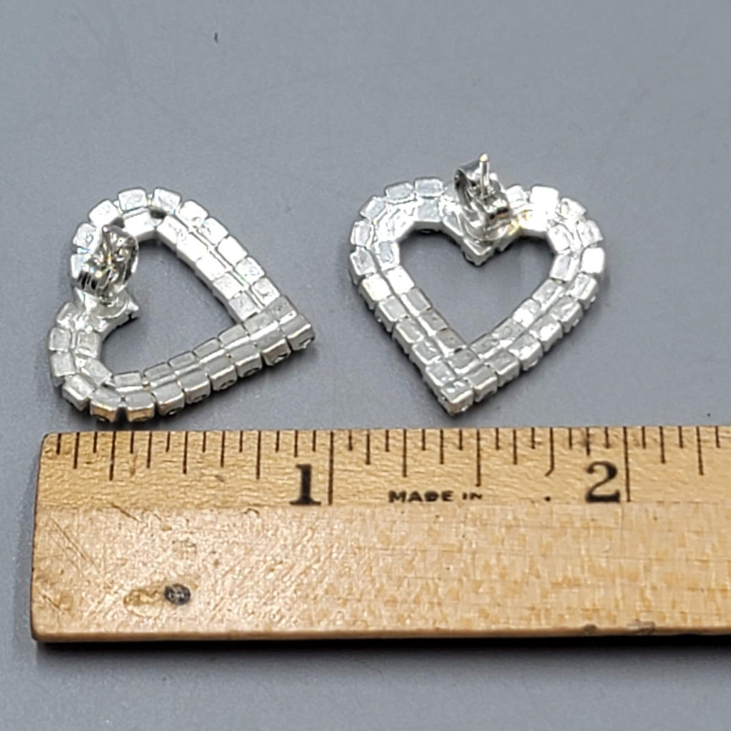 Rhinestone Open Heart Pierced Earrings Silver tone Drop 1 in