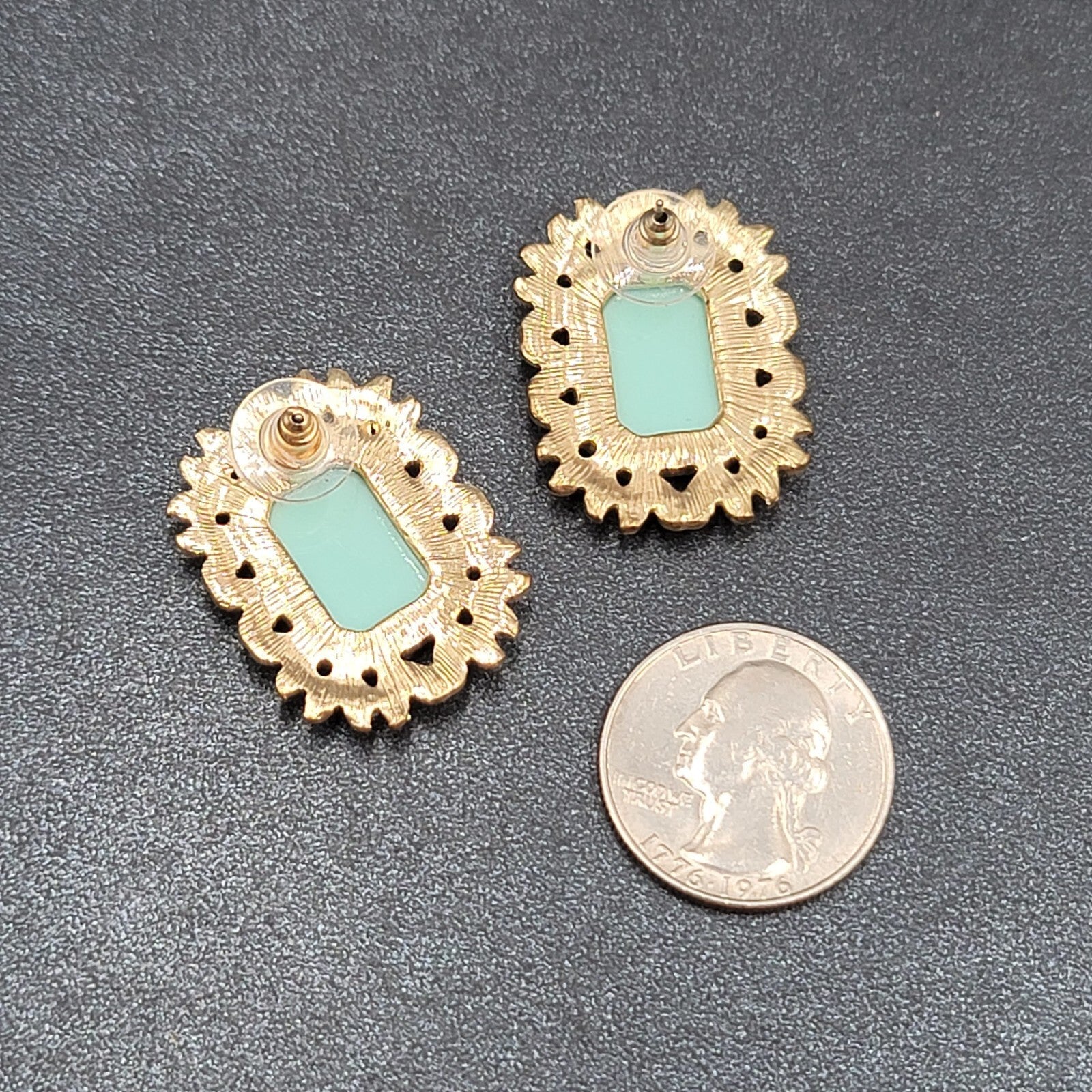 Pierced Earrings Gold tone Light Green Acrylic Rectangle Drop 1 1/8"