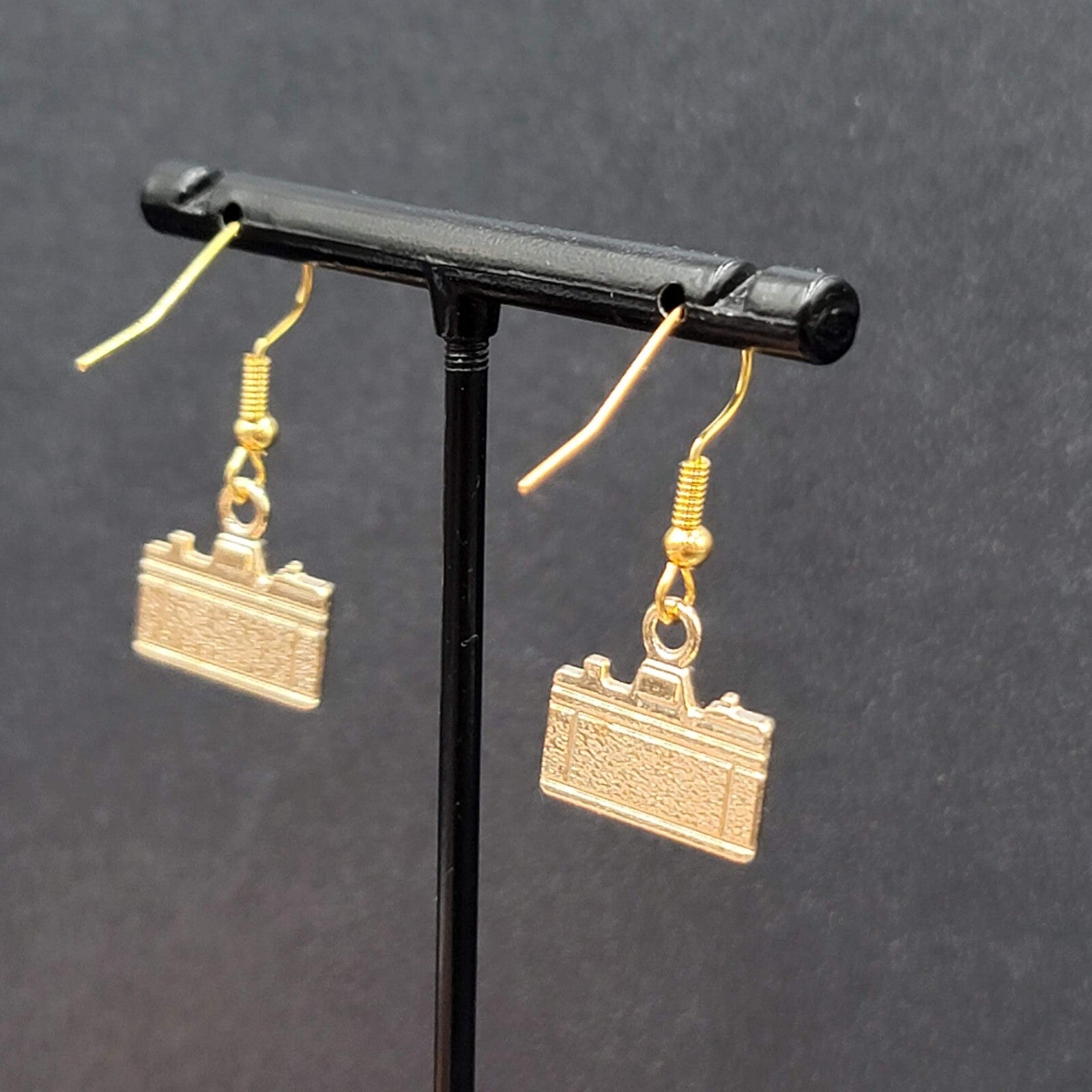 Retro Camera Pierced Earrings Gold tone Dangle 1/2"