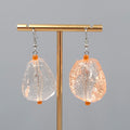 Peach Crackle Large Statement Bead Pierced Earrings Silver tone Dangle 1.5"