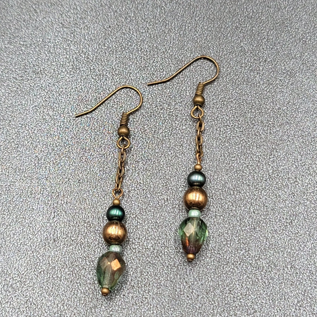 Pierced Earrings Bronze tone Metal Crystal Bead Dangle 1.5"