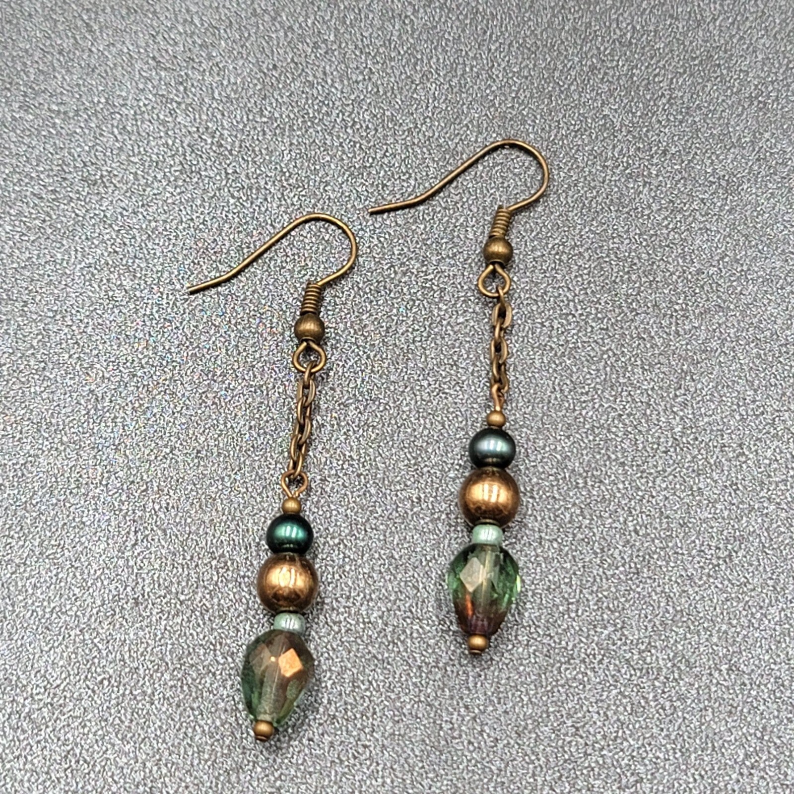 Pierced Earrings Bronze tone Metal Crystal Bead Dangle 1.5"