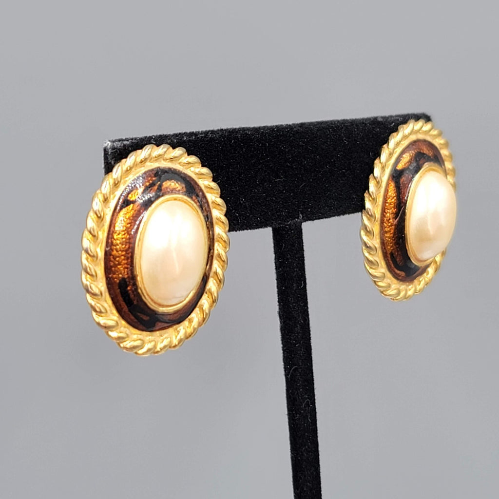 Vintage White Cabochon Pierced Earrings Enamel Yellow Gold Plated Drop 1 1/8"