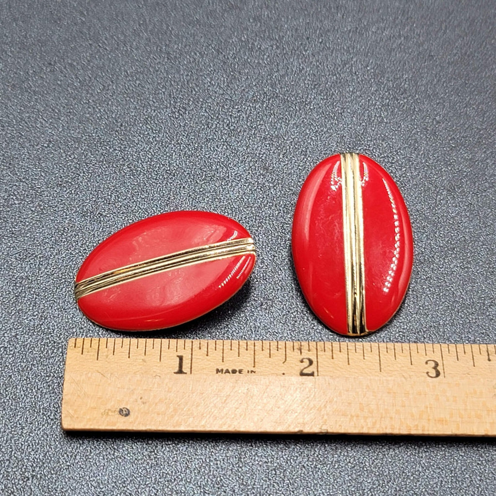 Vintage Clip on Earrings Red Enamel Gold tone Oval Drop Lightweight 1.5"