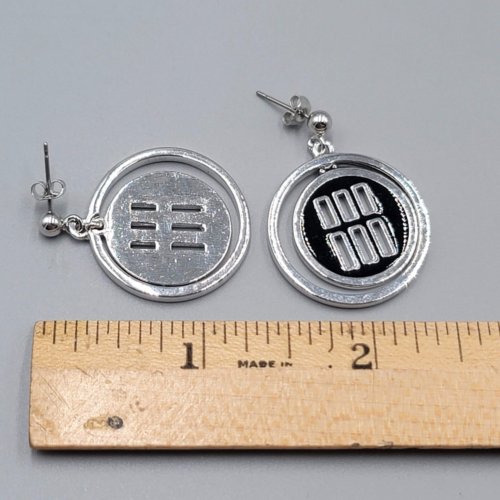 Black Enamel Pierced Earrings Silver tone Dangle Round 1.25"