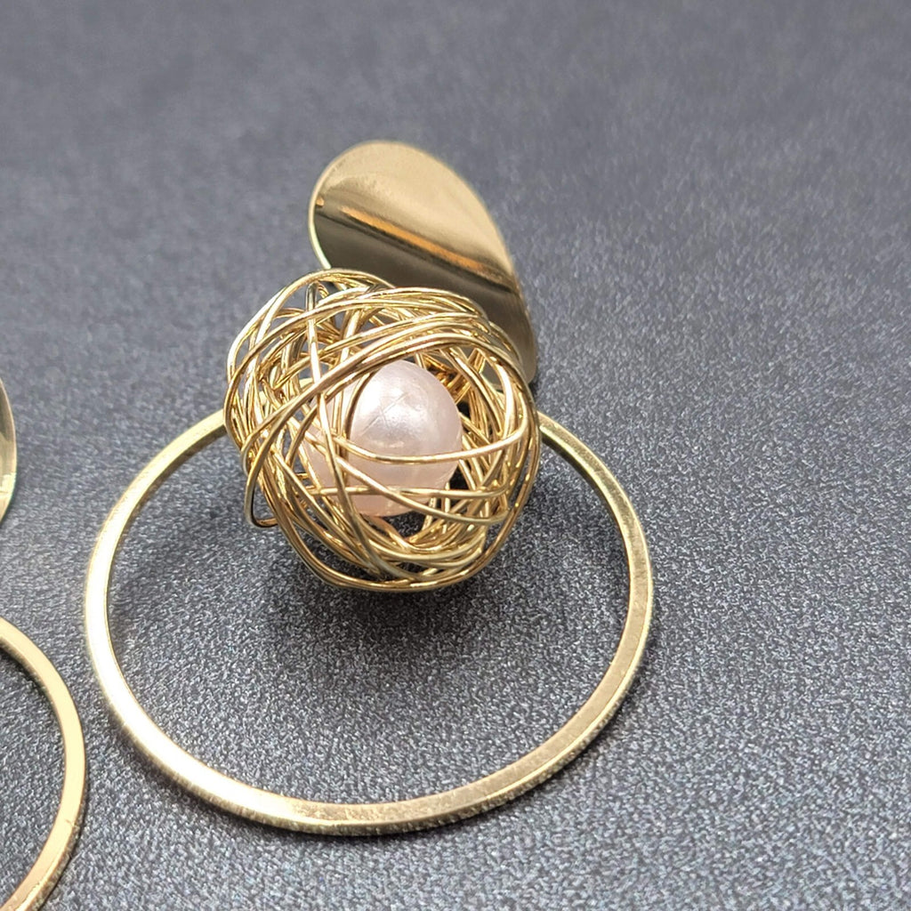 Pierced Earrings Gold tone Large Statement Wire Wrapped White Bead 2.25"