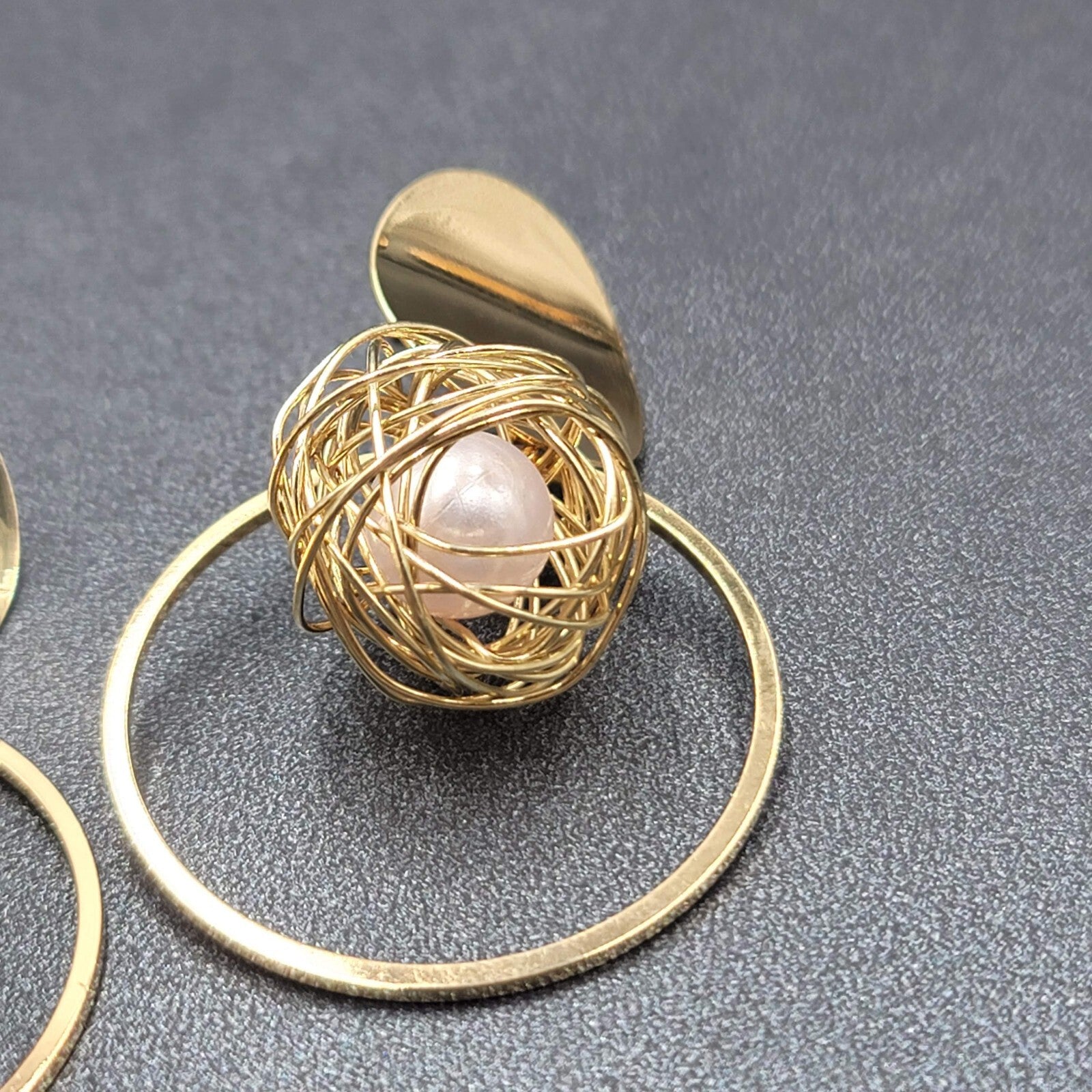 Pierced Earrings Gold tone Large Statement Wire Wrapped White Bead 2.25"