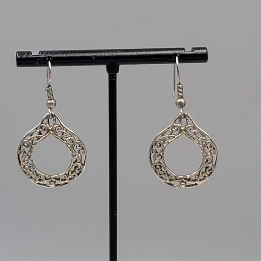 Vintage Pierced Earrings Silver tone Open Filigree Dangle 1"