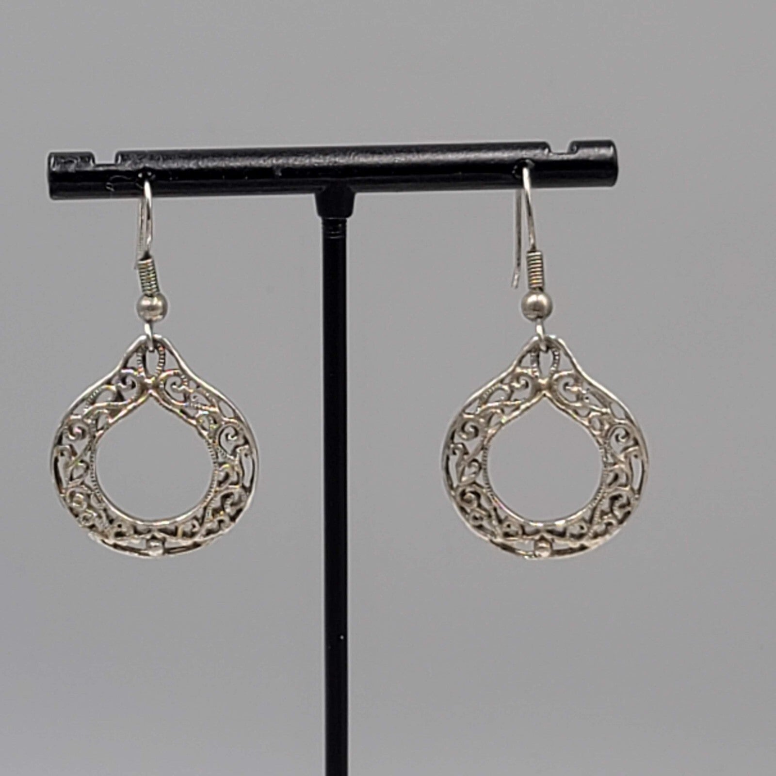 Vintage Pierced Earrings Silver tone Open Filigree Dangle 1"