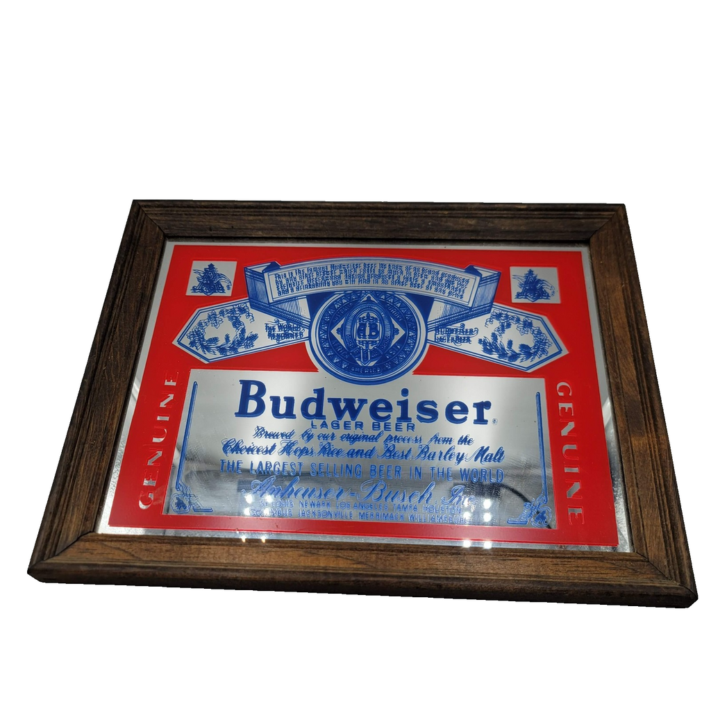Budweiser Lager Beer Genuine Bar Mirror Sign Framed Anheuser-Busch Advertising