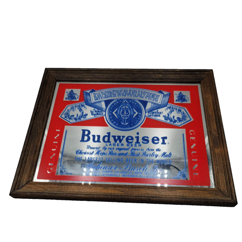 Budweiser Lager Beer Genuine Bar Mirror Sign Framed Anheuser-Busch Advertising