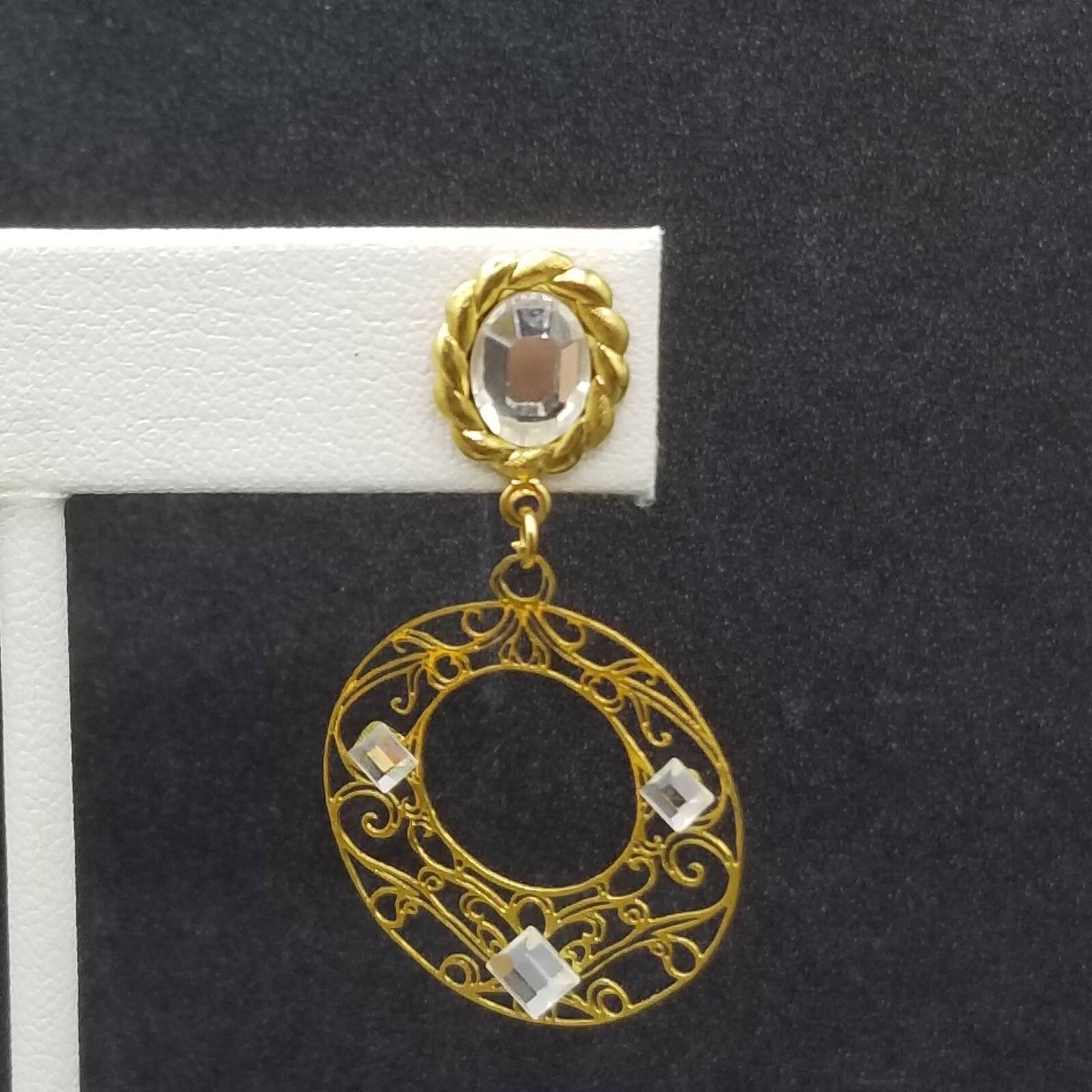 Pierced Earrings Gold tone Crystal Open Work Round Dangle 1 3/4"