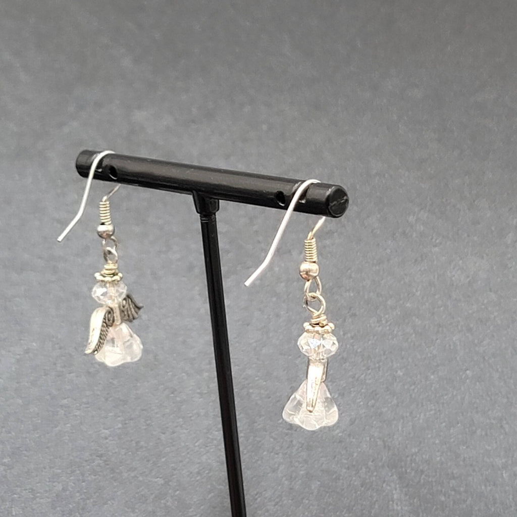 Angel Pierced Earrings Silver tone Glass Beaded Dangle 7/8"