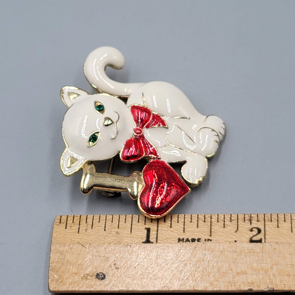 Vintage I Heart Kitty White Cat Brooch Gold tone Enamel 2"