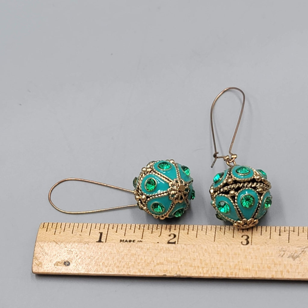 Green Rhinestone Blue Enamel Boho Pierced Earrings Gold tone Dangle 2.5 in
