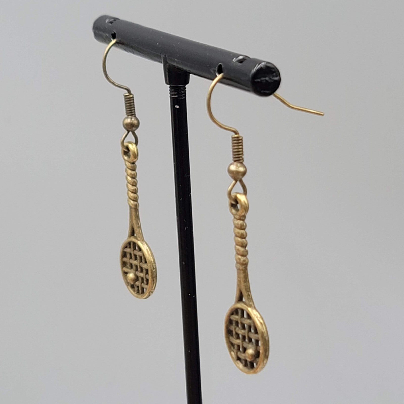 Tennis Racquet Pierced Earrings Bronze tone Dangle NEW 1 1/8"