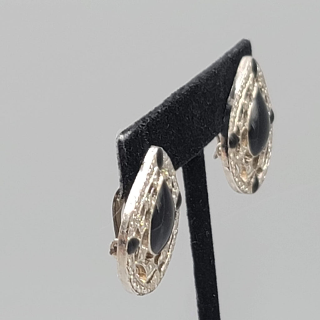 Vintage Teardrop Clip on Earrings Black Enamel Silver tone Drop 1 1/8"