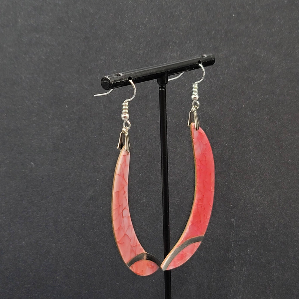 Vintage Pierced Earrings Silver tone Pink Mother of Pearl Inlay Statement 2.75"