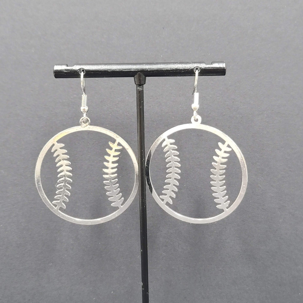 Baseball Pierced Earrings Open Work Silver tone Dangle 1 5/8"