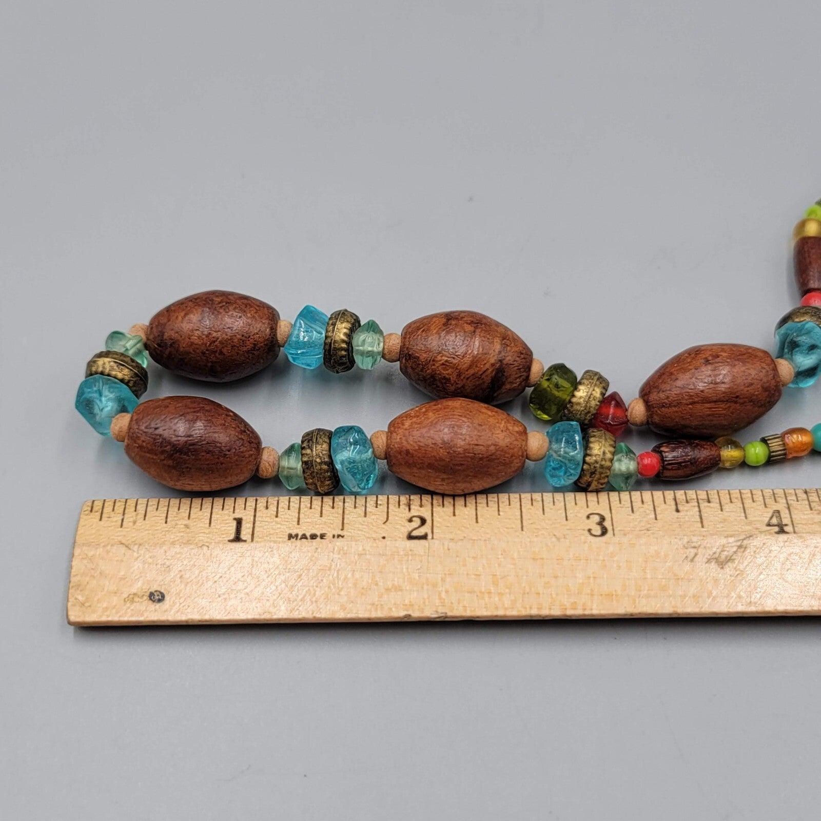 Wood Bead Artisan Necklace Multicolor Glass Spacers 18" Adj