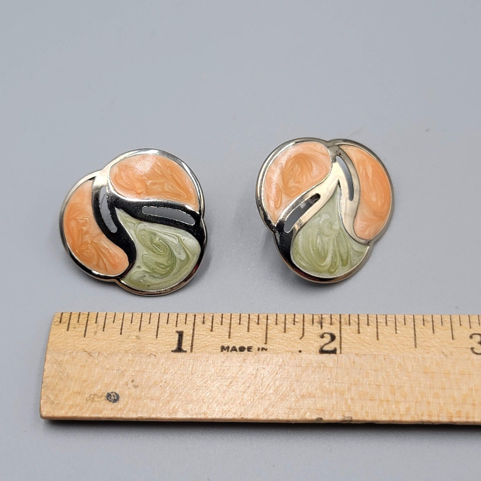 Vintage Pierced Earrings Silver tone Peach Sage Green Enamel Drop 1"