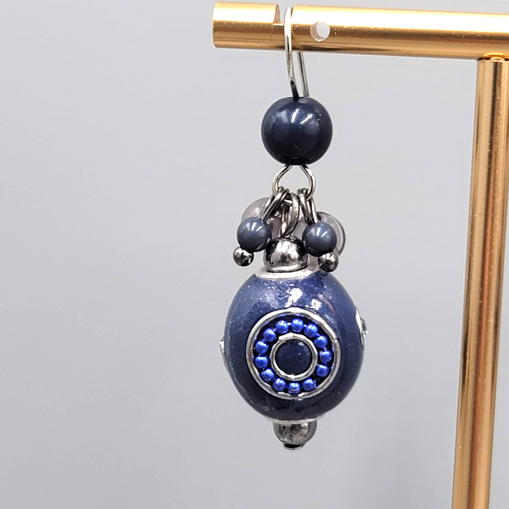 Blue Bead Pierced Earrings Crystal Silver tone Dangle 1.25 in