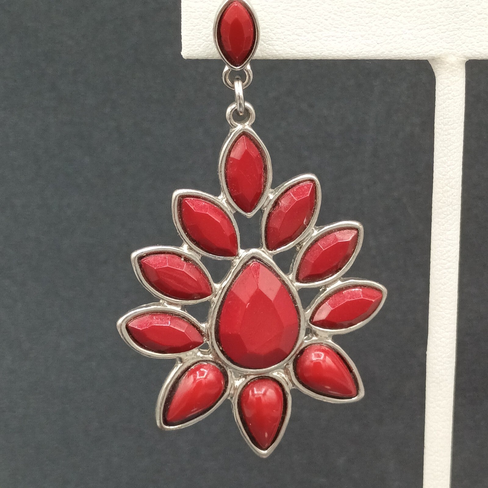 Pierced Earrings Silver tone Red Accent Chandelier Dangle 2.25"