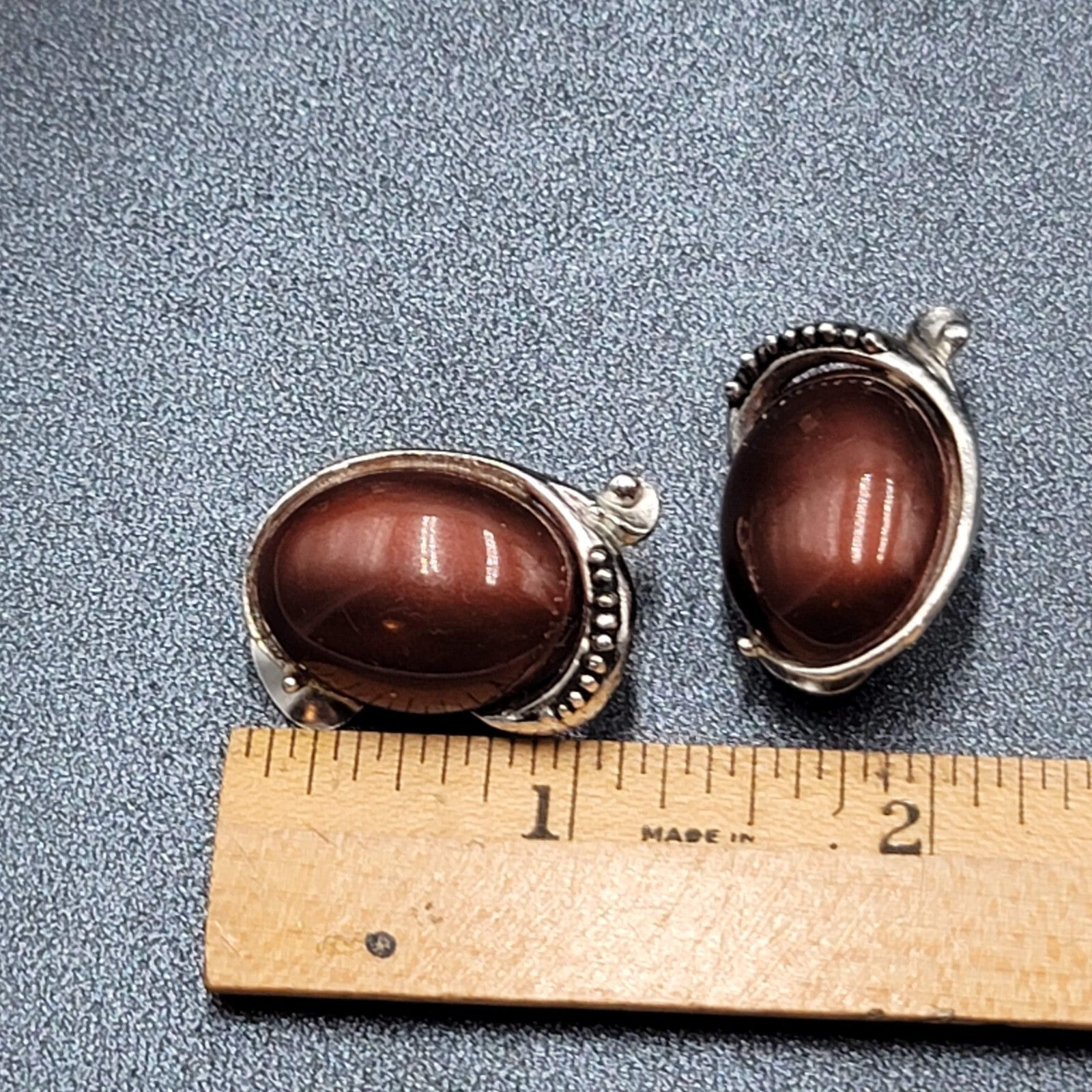 Vintage Clip on Earrings Silver tone Brown Oval Cabochon Acrylic Drop 1 1/8"