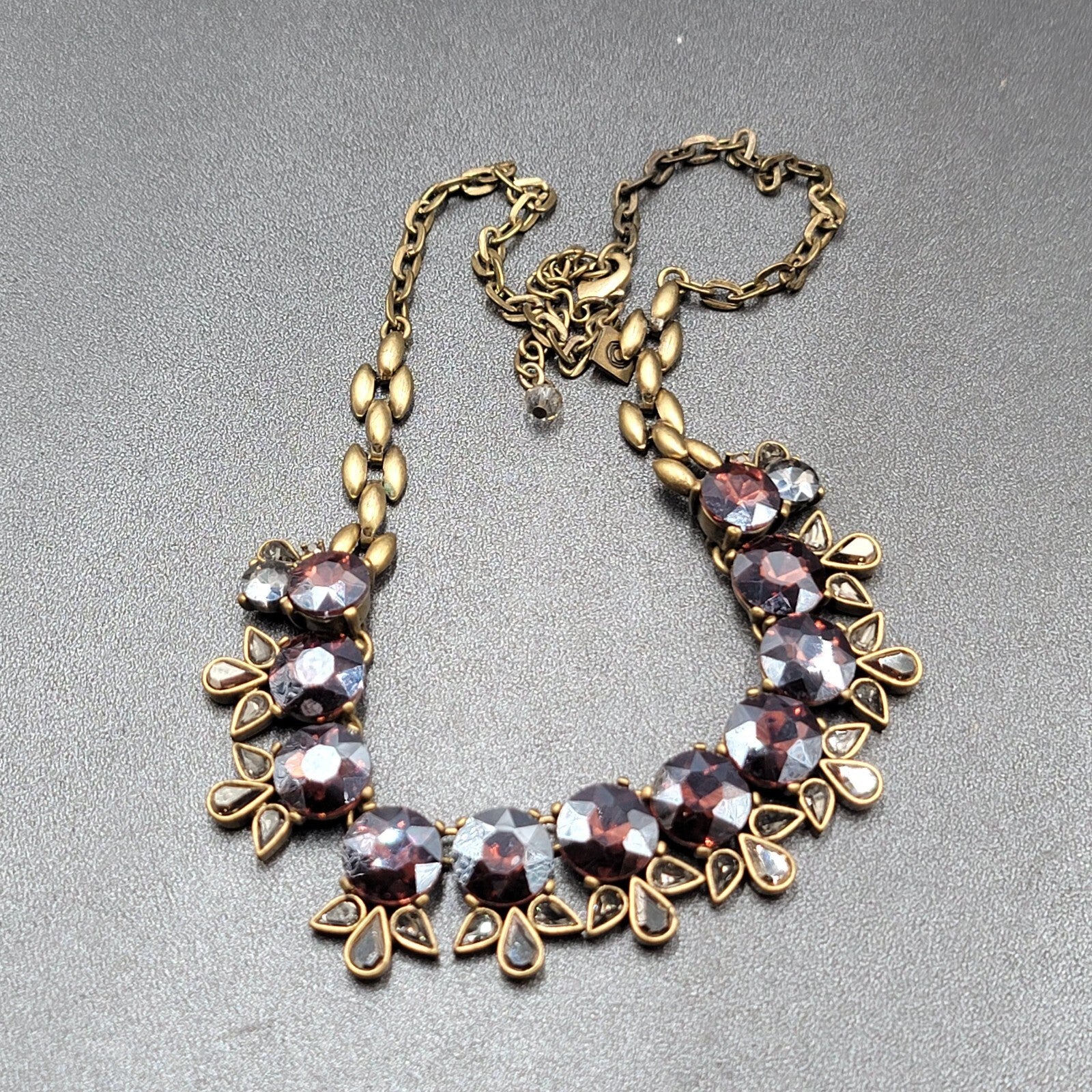 Purple Rhinestone Necklace Bronze tone Bid Statement Chain  20" - 22"