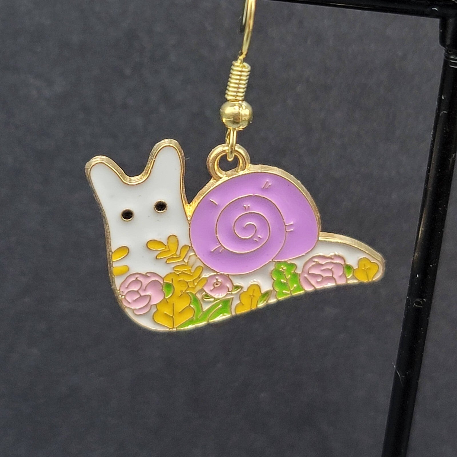 Purple Snail Pierced Earrings Gold tone Enamel Flowers Dangle 3/4"