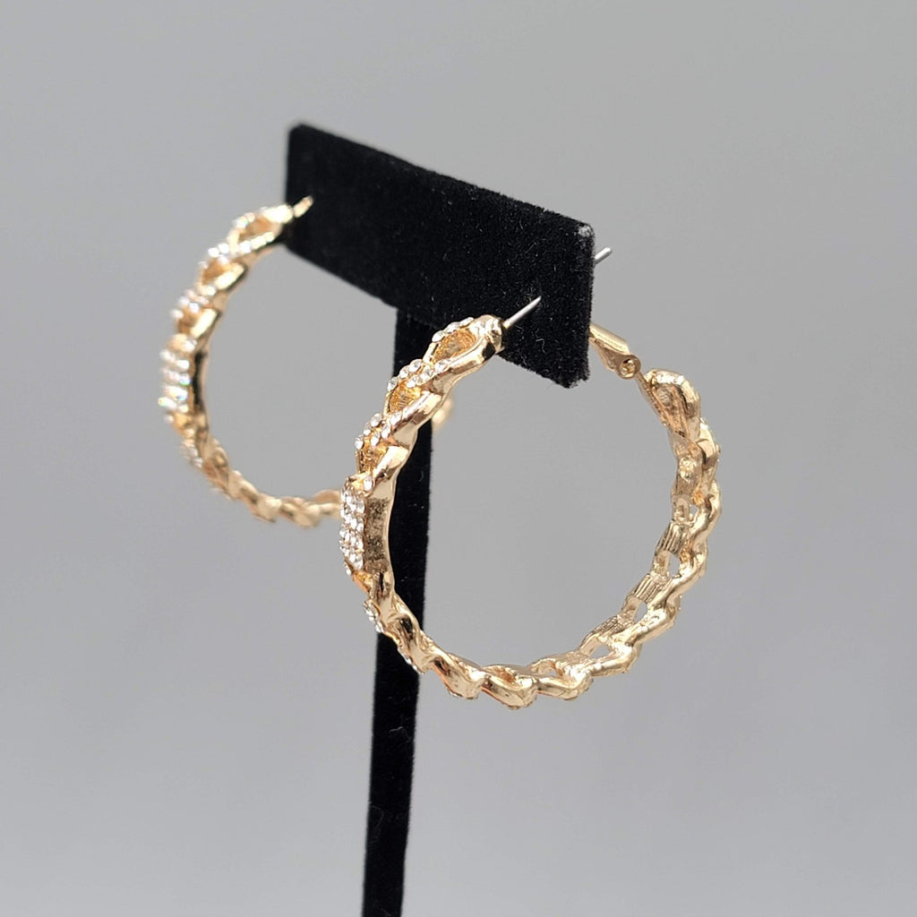 Rhinestone Chain Hoops Pierced Earrings Gold tone 1.25 in