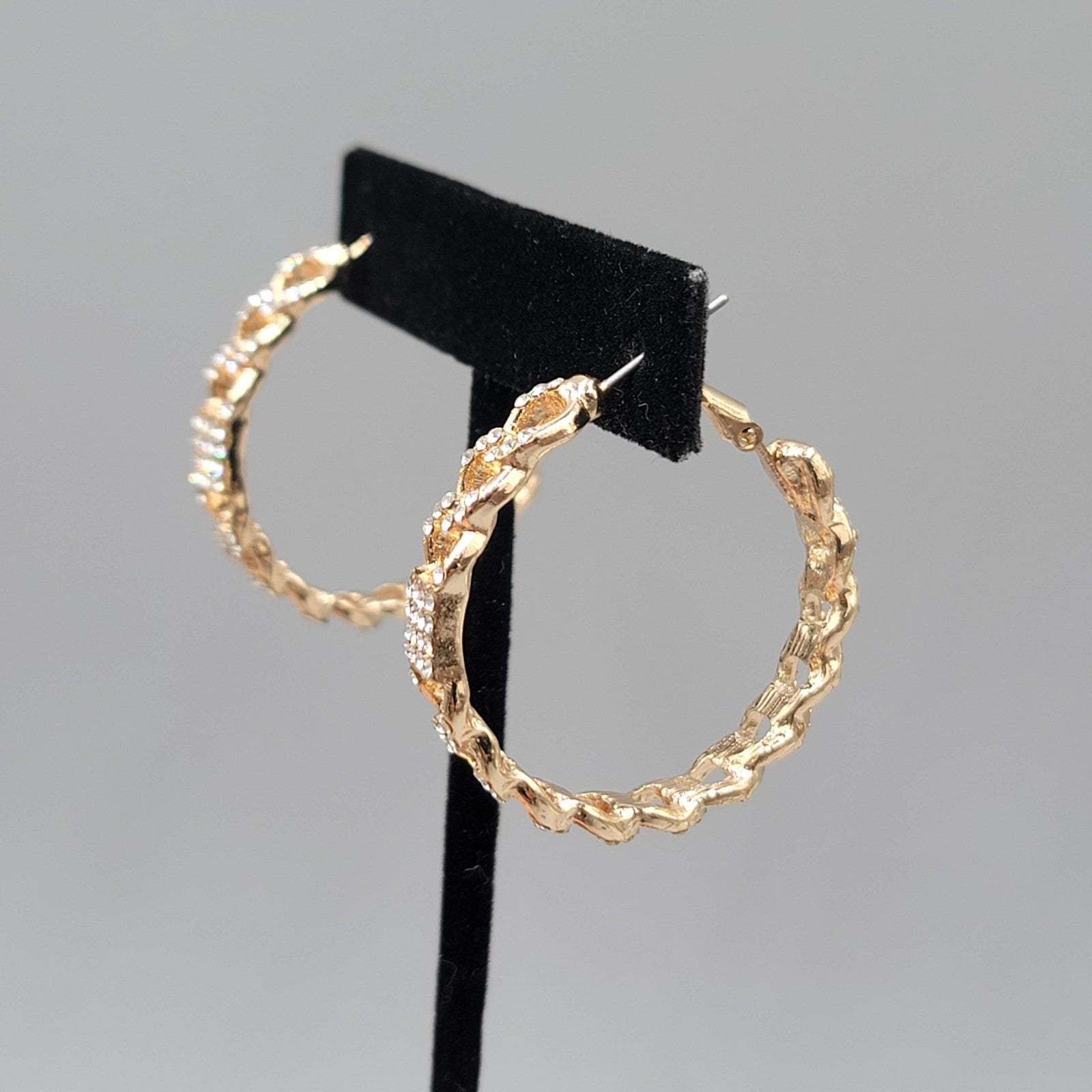 Rhinestone Chain Hoops Pierced Earrings Gold tone 1.25 in