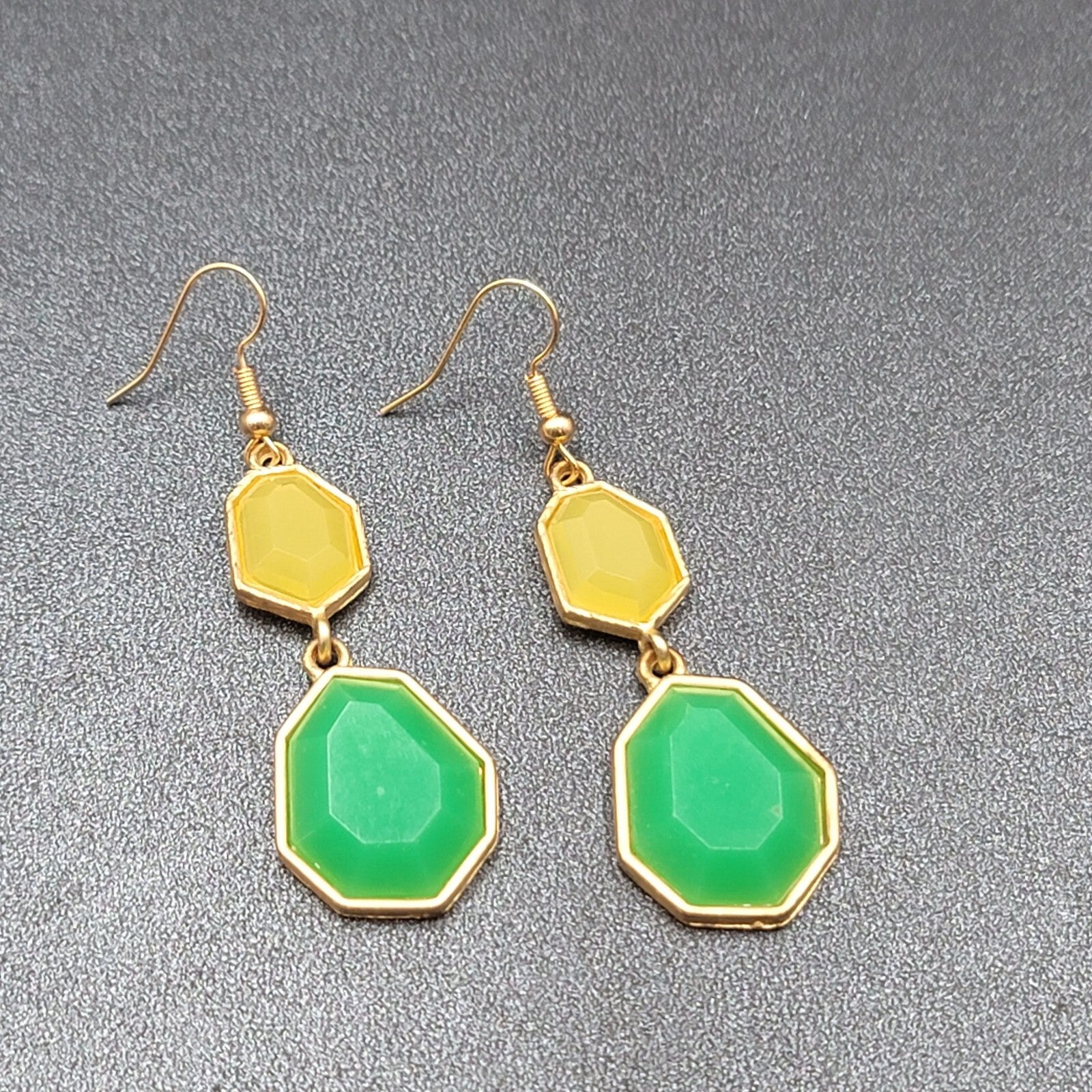 Pierced Earrings Gold tone Green Yellow Acrylic Dangle 1.75"