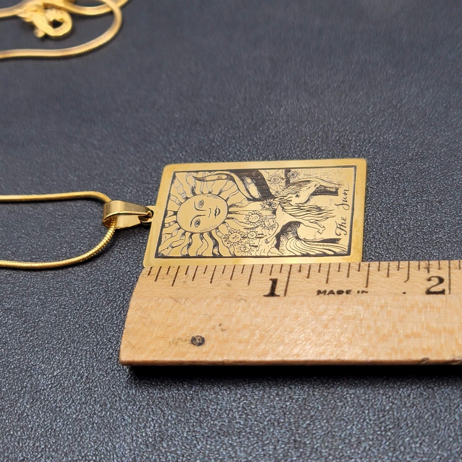 The SUN Tarot Card Pendant Necklace Major Arcana Gold tone 18”.