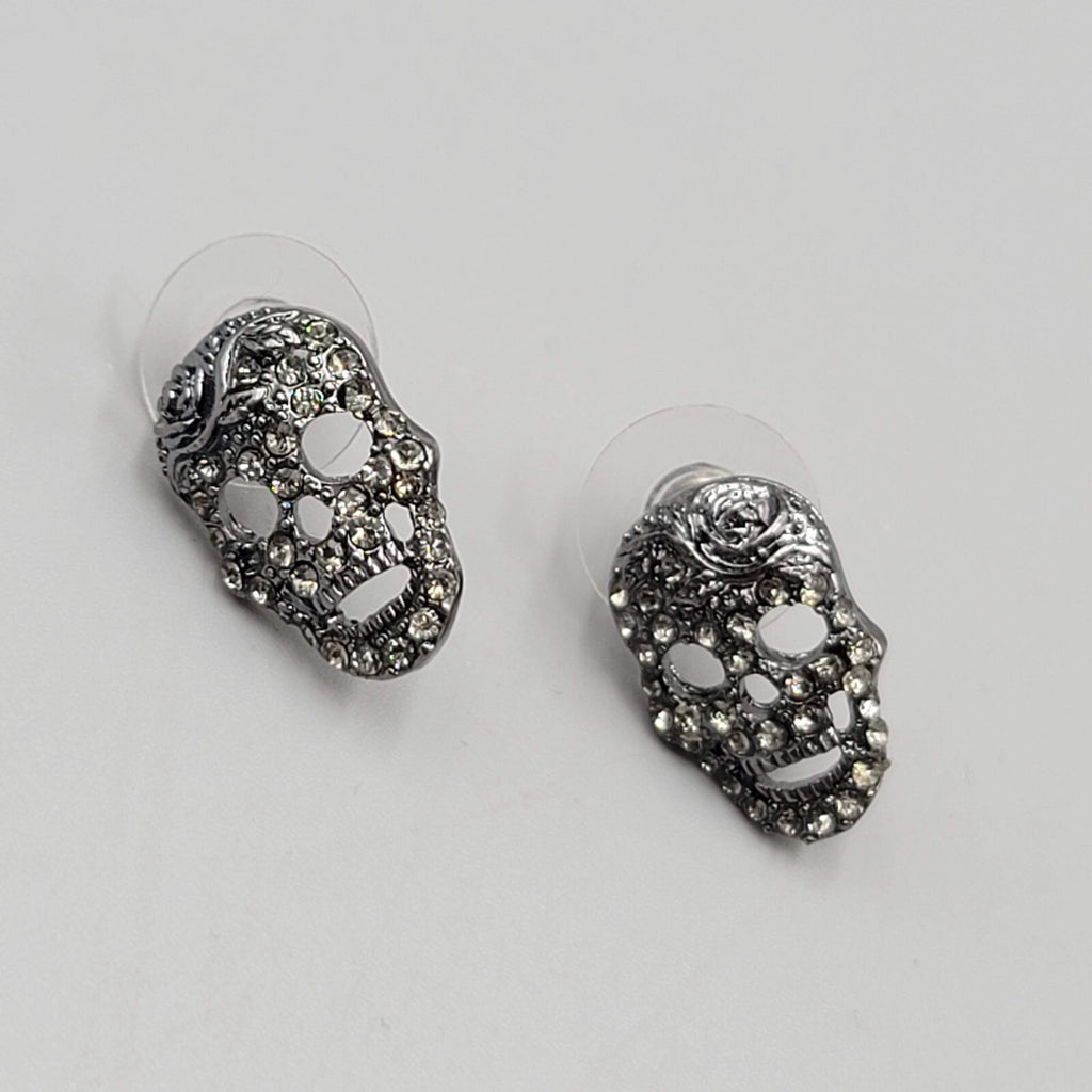 Black Crystal Skull Pierced Earrings Drop Halloween 5/8"