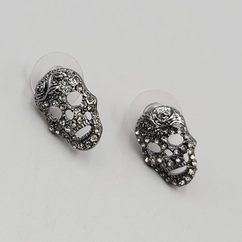 Black Crystal Skull Pierced Earrings Drop Halloween 5/8"
