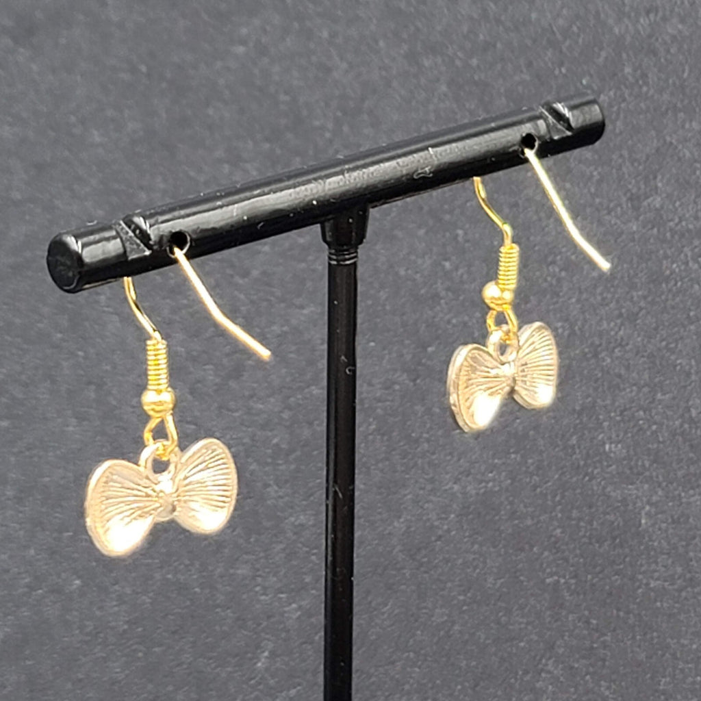 Bow Pierced Earrings Gold tone Crystal Black Enamel Dangle 3/8"