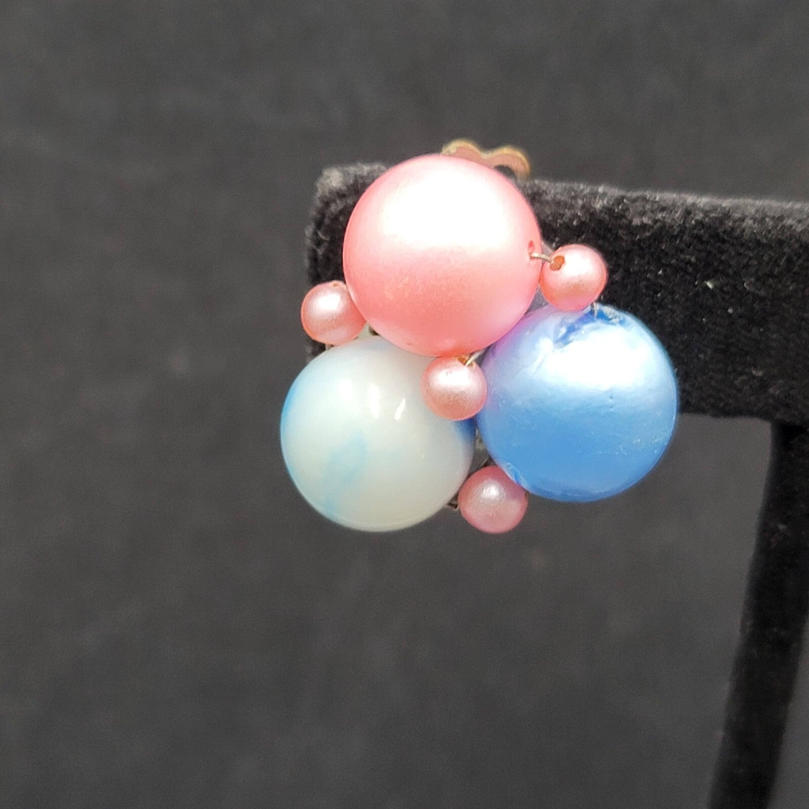 Vintage Clip on Earrings Pink Blue Cluster Beaded Japan 7/8"