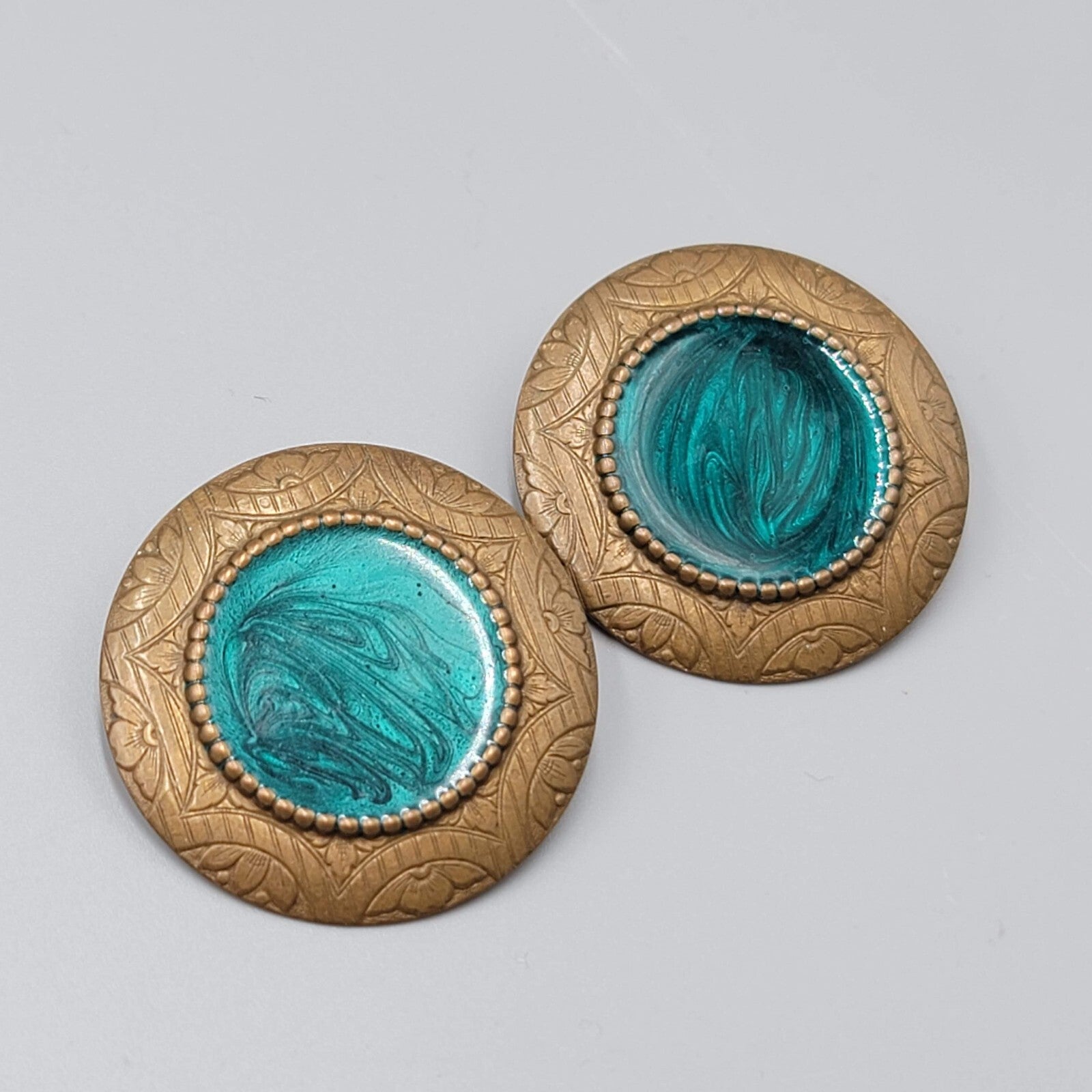 Large Round Pierced Earrings Bronze tone Green Swirl Enamel Drop 1 5/8"