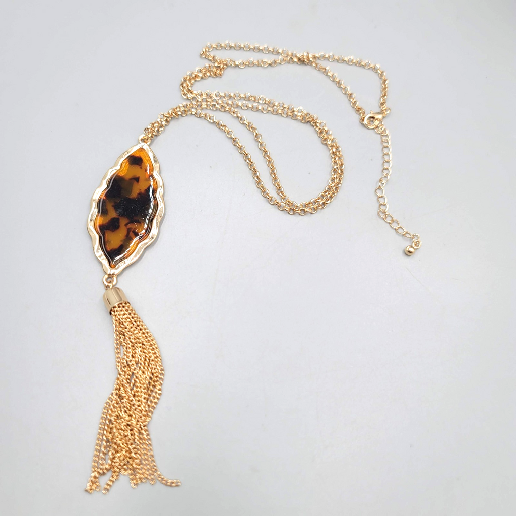 Statement Tassel Pendant Acrylic Tortoise Necklace Gold tone 28"