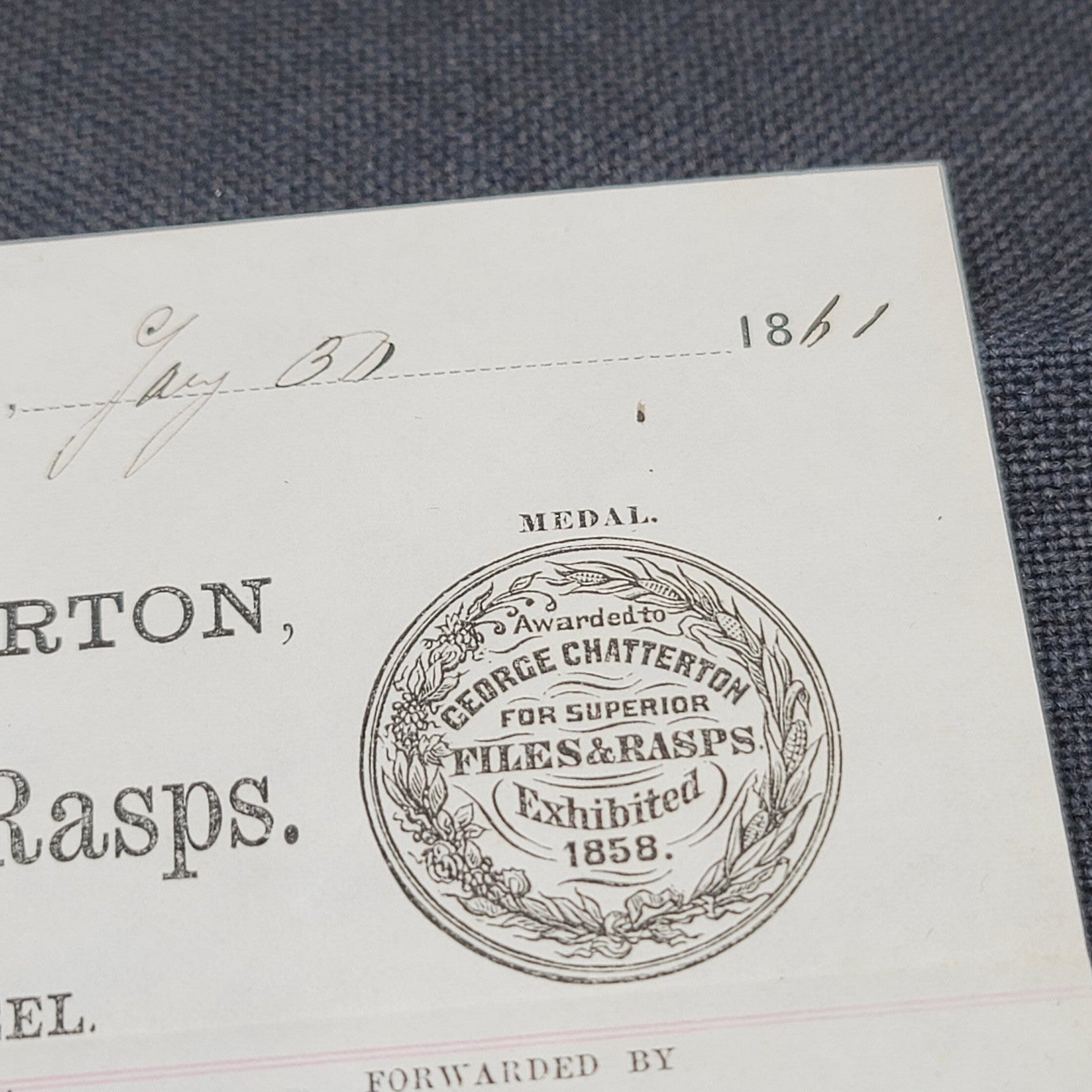 1861 Receipt for tools Geo Chatterton Files Rasps Rhode Island USA Antique