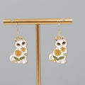 White Kitty Cat Yellow Flowers Pierced Earrings Enamel Gold tone Dangle 1"