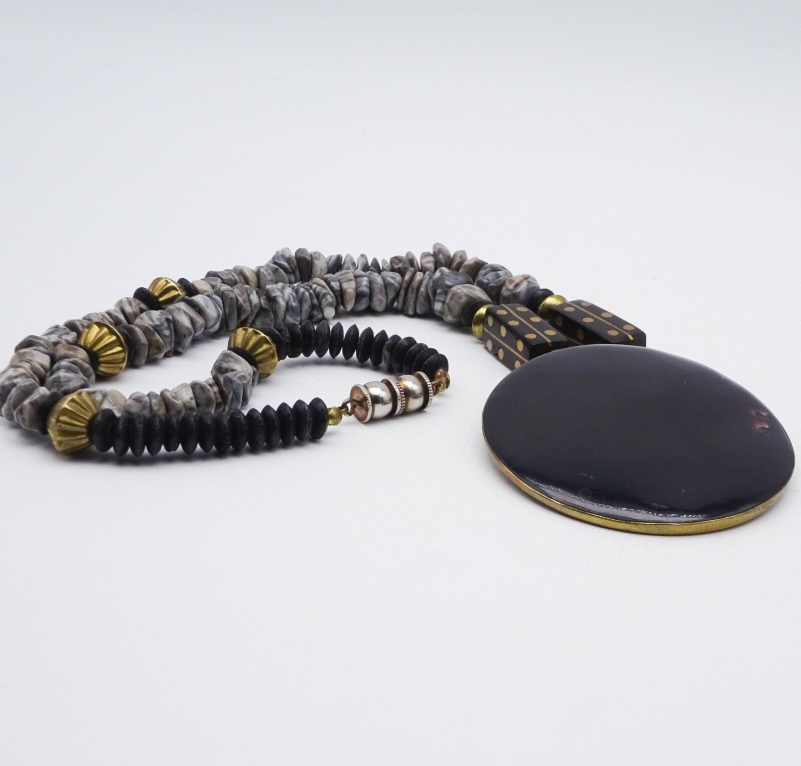 Boho Ethnic Necklace Gray Stone Beads Enamel Brass Inlay Pendant 24"