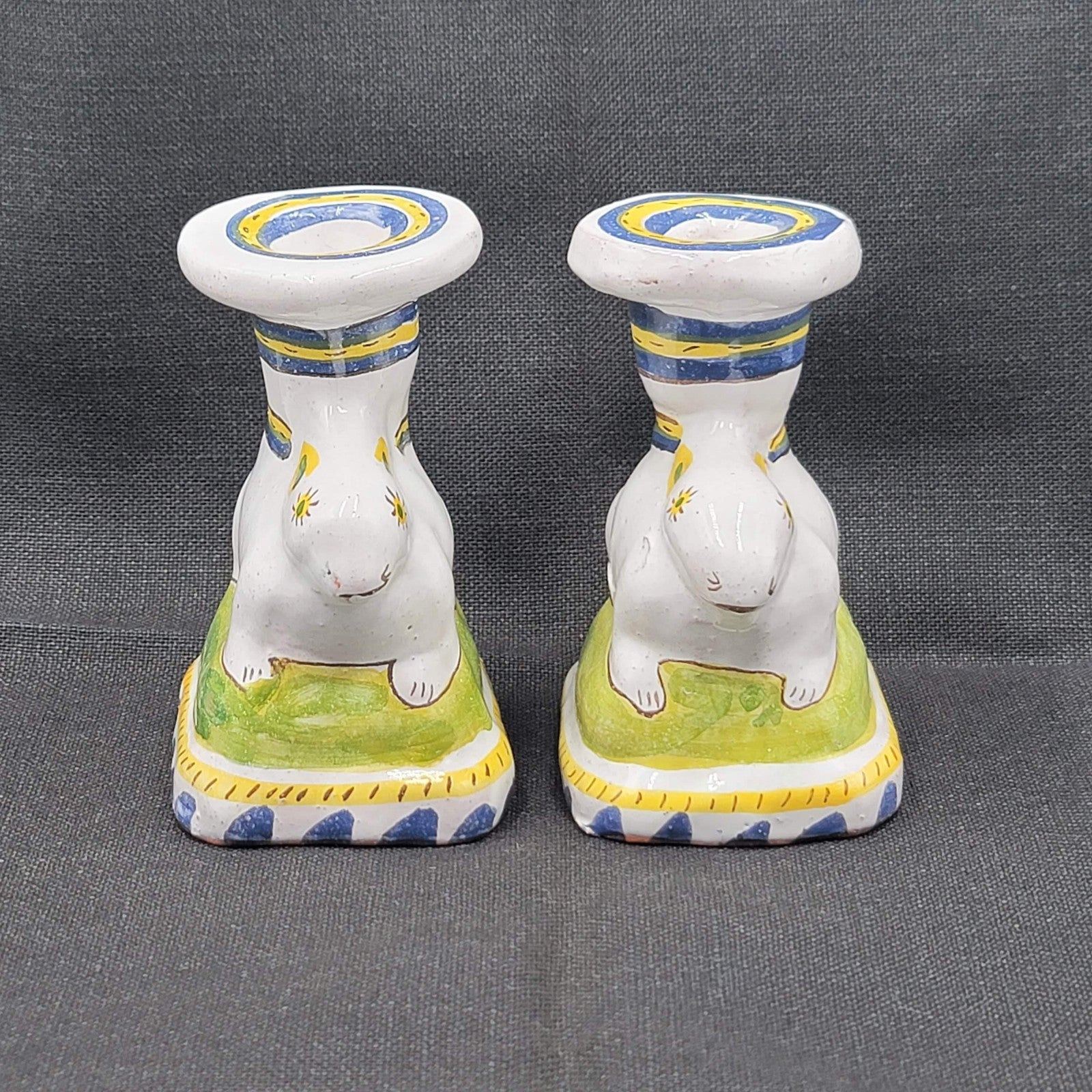 Vintage Portugal Bunny Rabbit Candlestick Holders Hand Painted Ceramic Set Pair