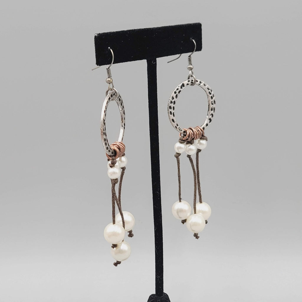 Boho Dangle Pierced Earrings Silver Tone Circle Faux Pearl Beads Gypsy 3"