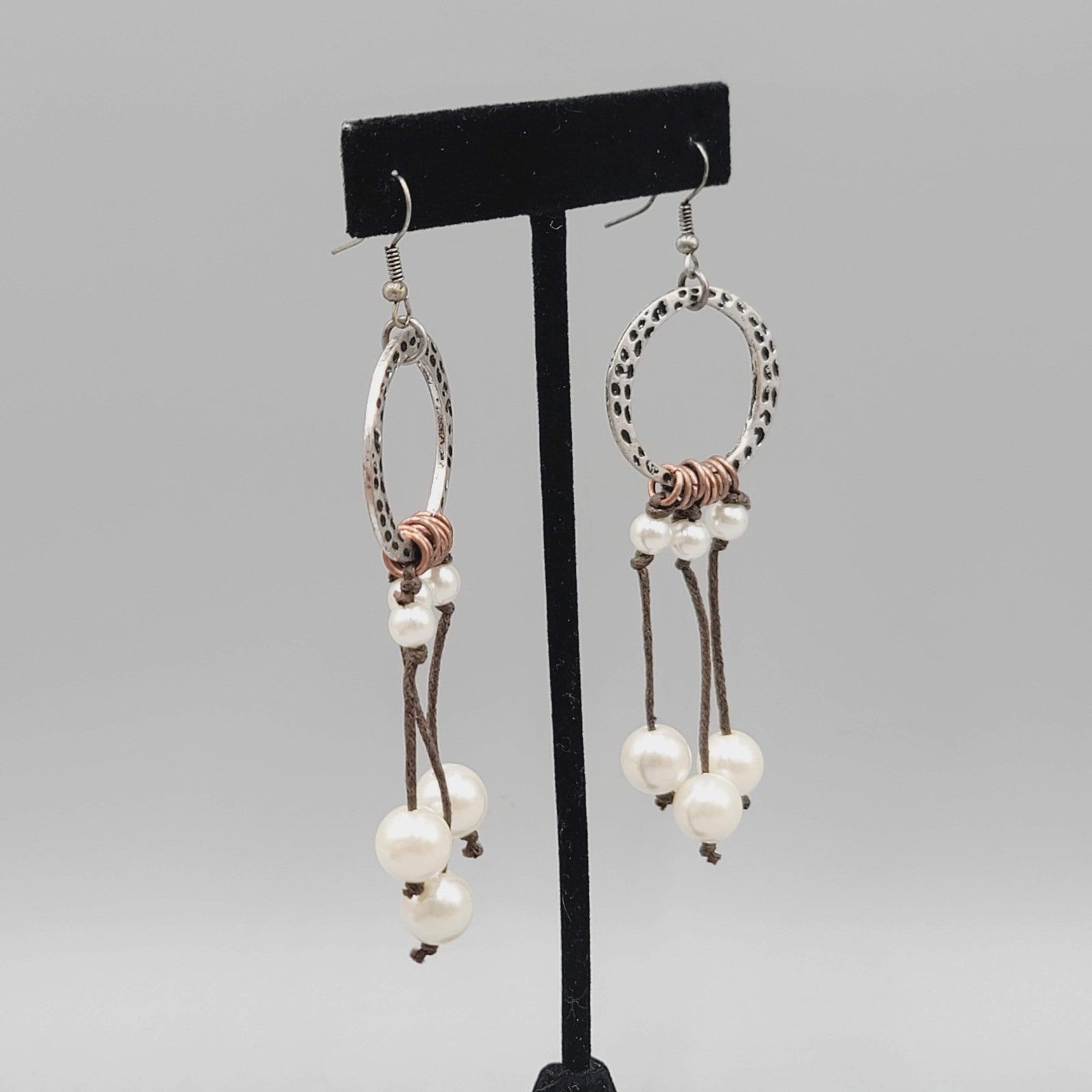Boho Dangle Pierced Earrings Silver Tone Circle Faux Pearl Beads Gypsy 3"