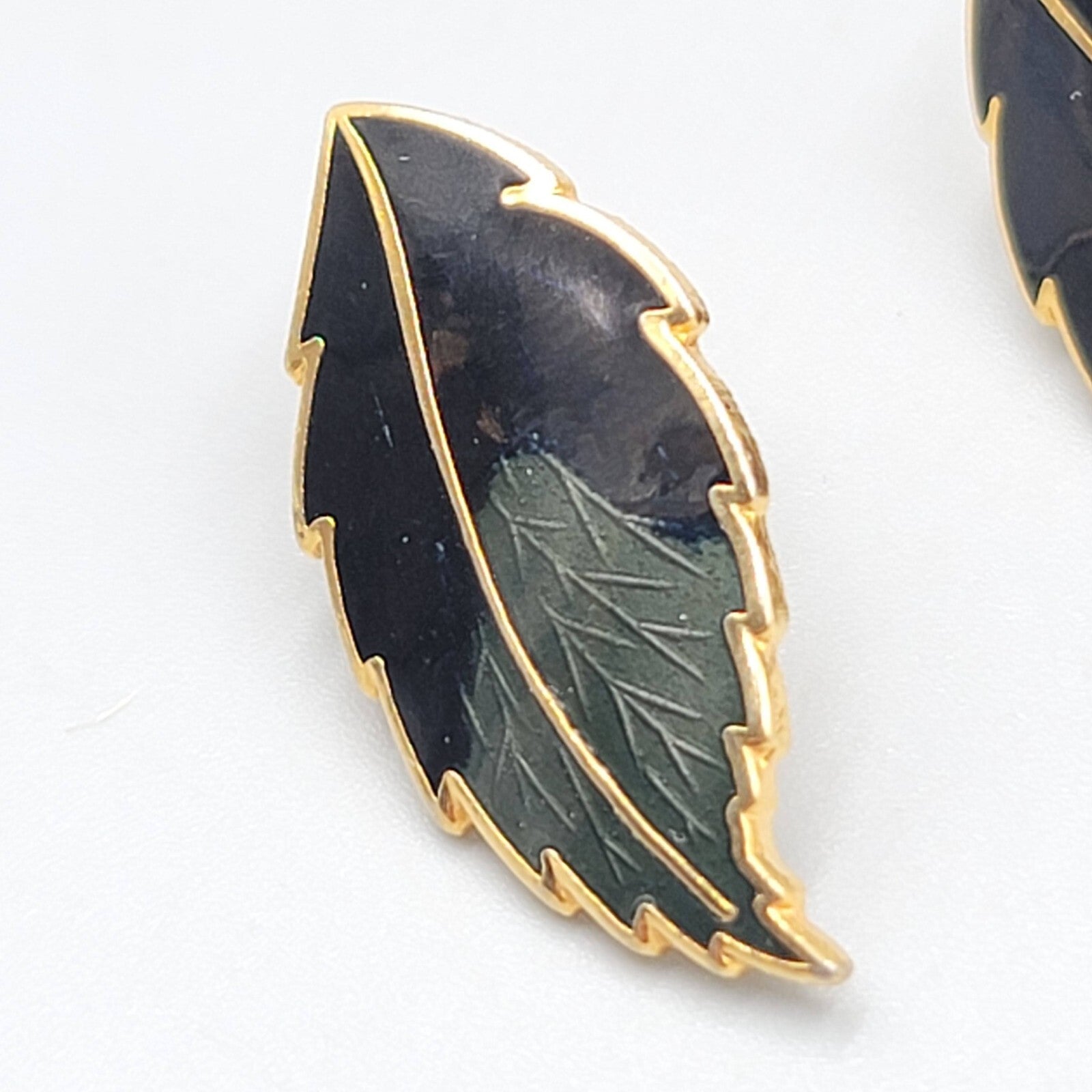 Vintage Guilloche Enamel Pierced Earrings Gold tone Green Black Drop 1 1/8"