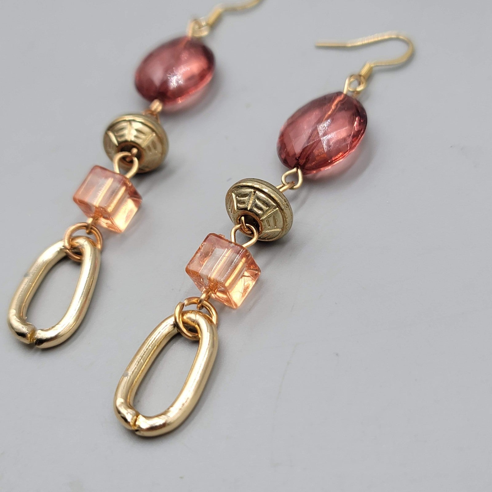 Beaded Purple Orange Pierced Earrings Gold tone Dangle Long 2.75 in